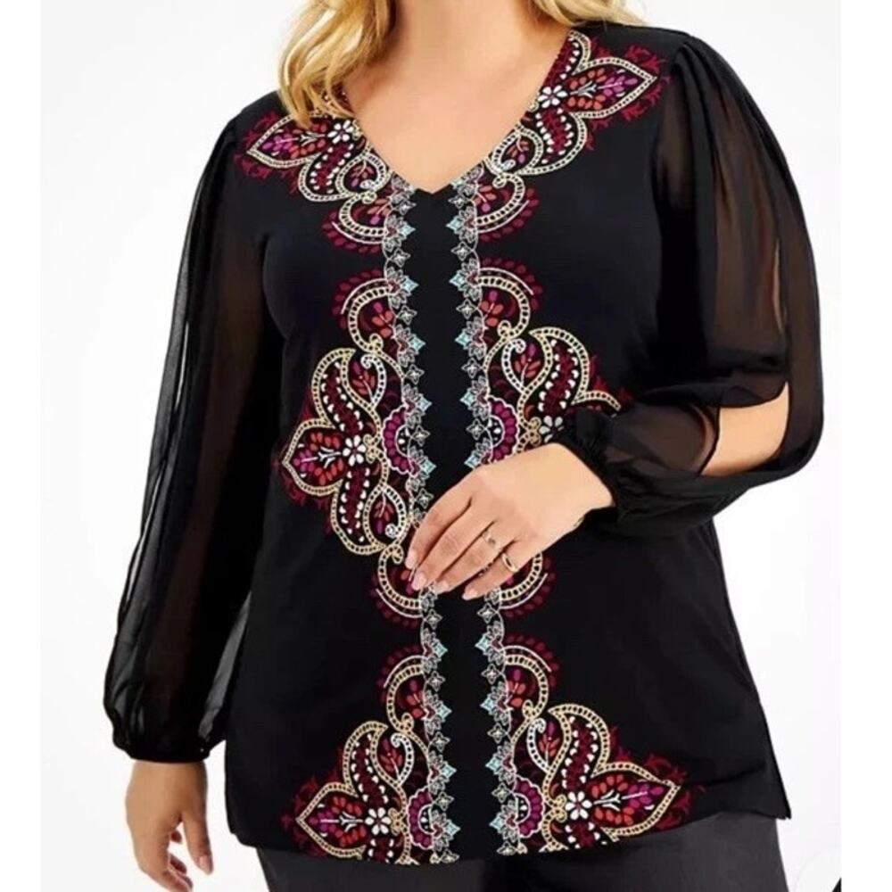 JM Collection Chiffon-Sleeve Printed-Front Top Blouse‎ S Black Paisley V-Neck